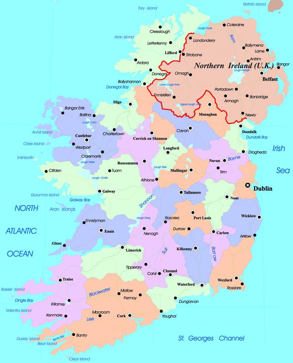 mapa político de irlanda e irlanda do norte