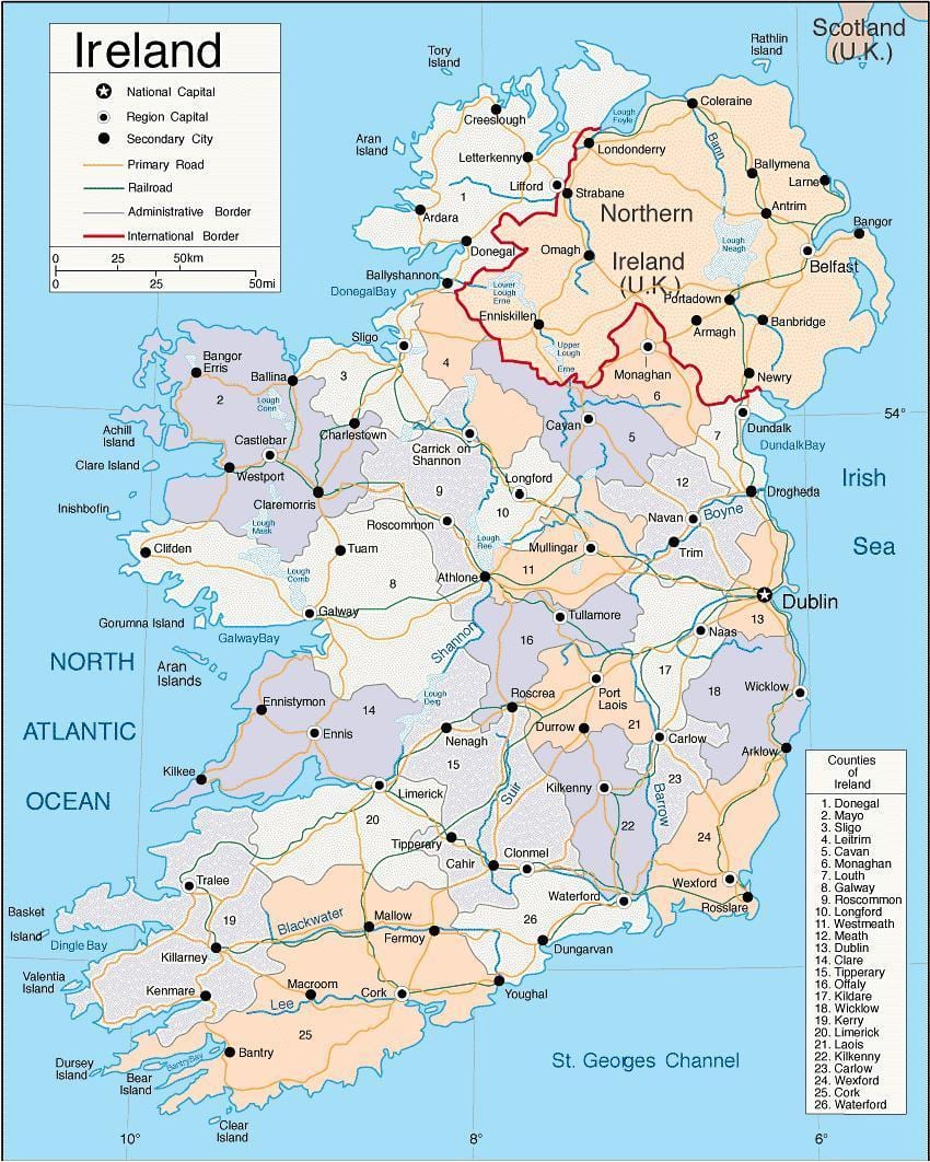 mapa de irlanda con vilas e cidades